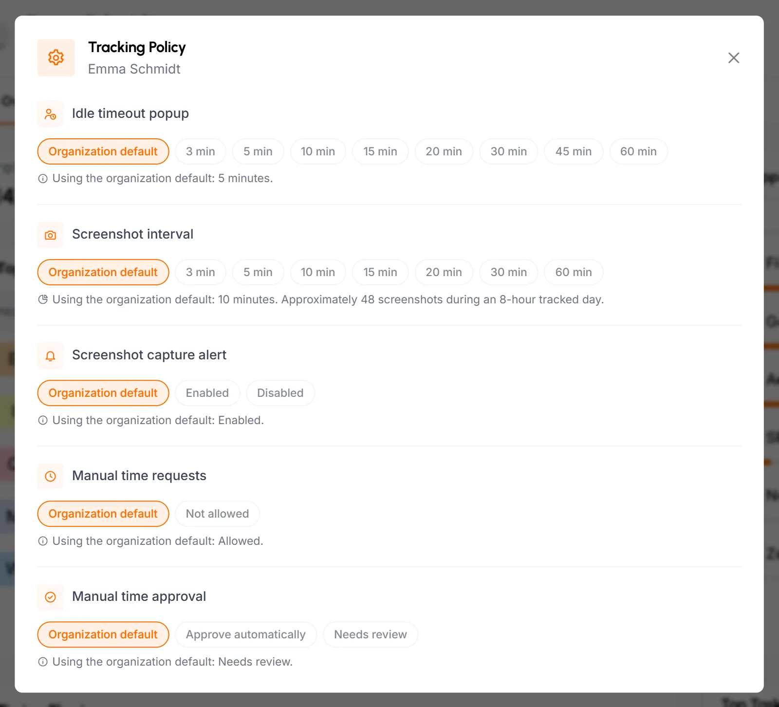 Tracking Policy popup for one member, with idle timeout, screenshot interval, screenshot alert and manual time settings