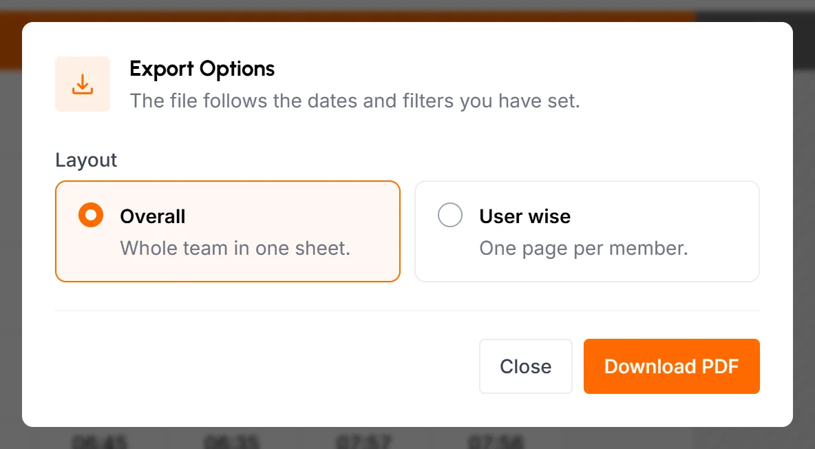 Export Options dialog with the Overall and User wise layouts and the Download PDF button