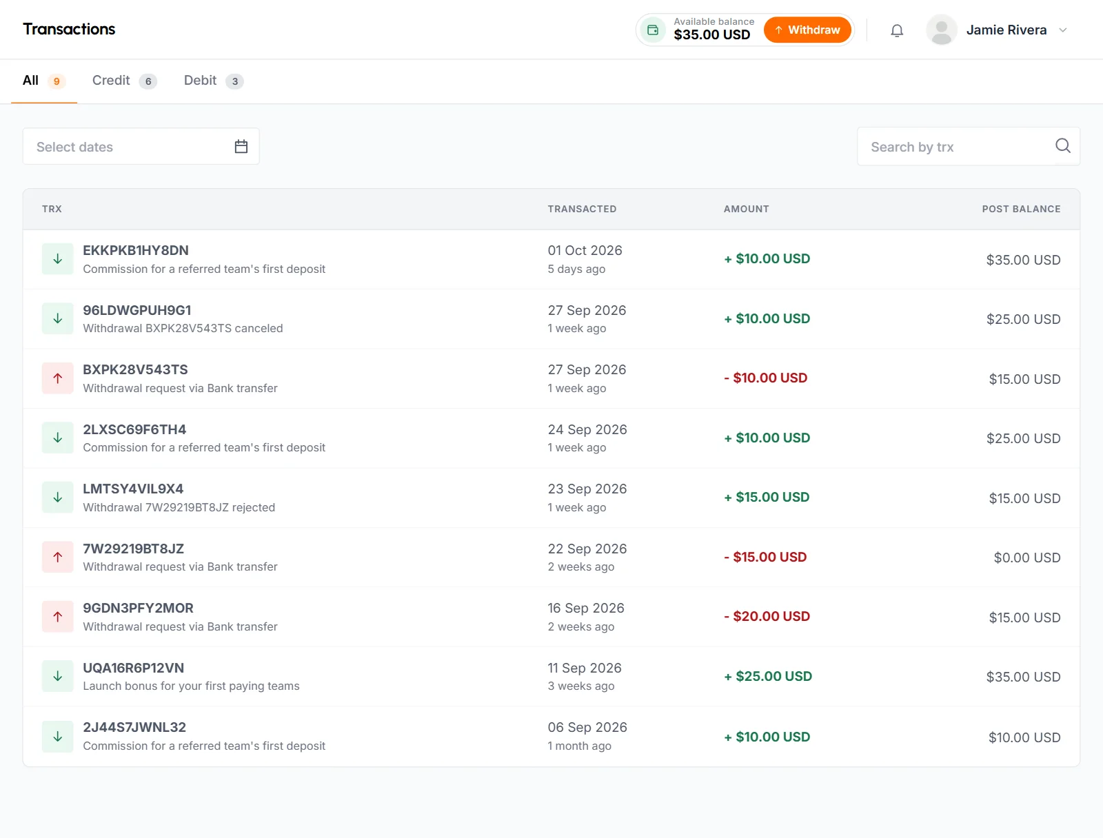 Transactions page with the available balance at the top and a list of commissions and withdrawals with post balances