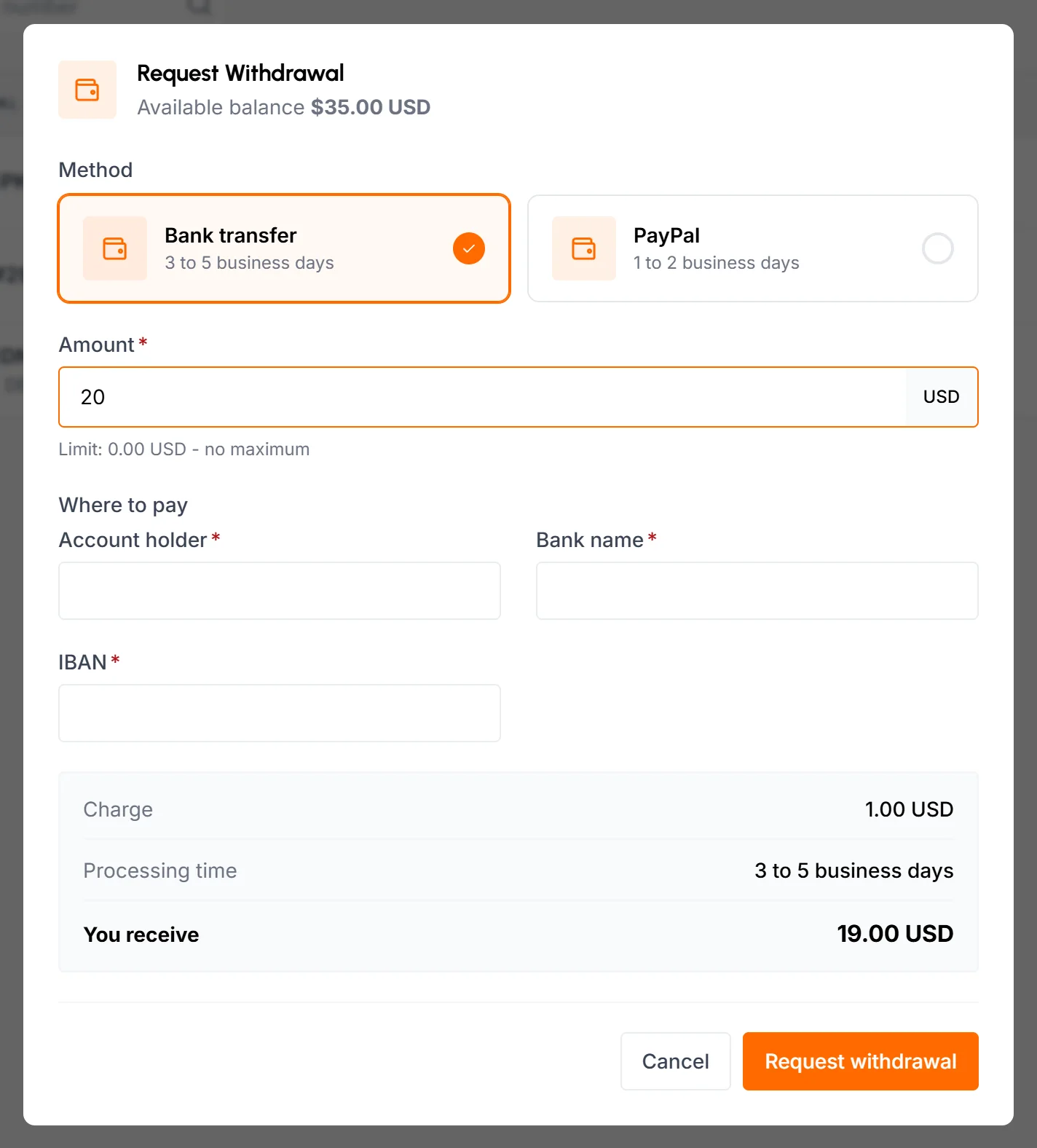 Request Withdrawal dialog with Bank transfer picked, an amount, the Where to pay fields, the charge and You receive