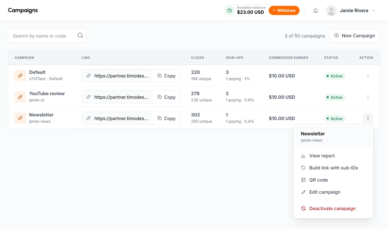 Campaigns page listing 3 campaigns with their links, clicks, sign-ups and commission, and one row menu open