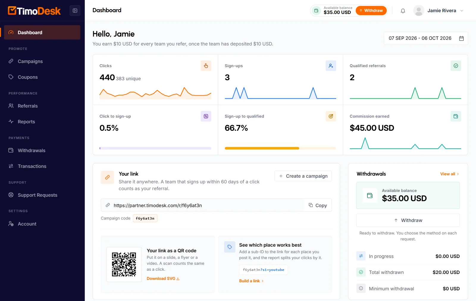 Partner dashboard with click, sign-up and commission figures, the Your link card and the Withdrawals card