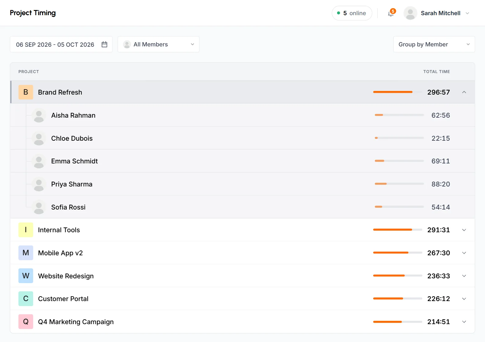 Project Timing grouped by member, with one project opened to the members who tracked time on it