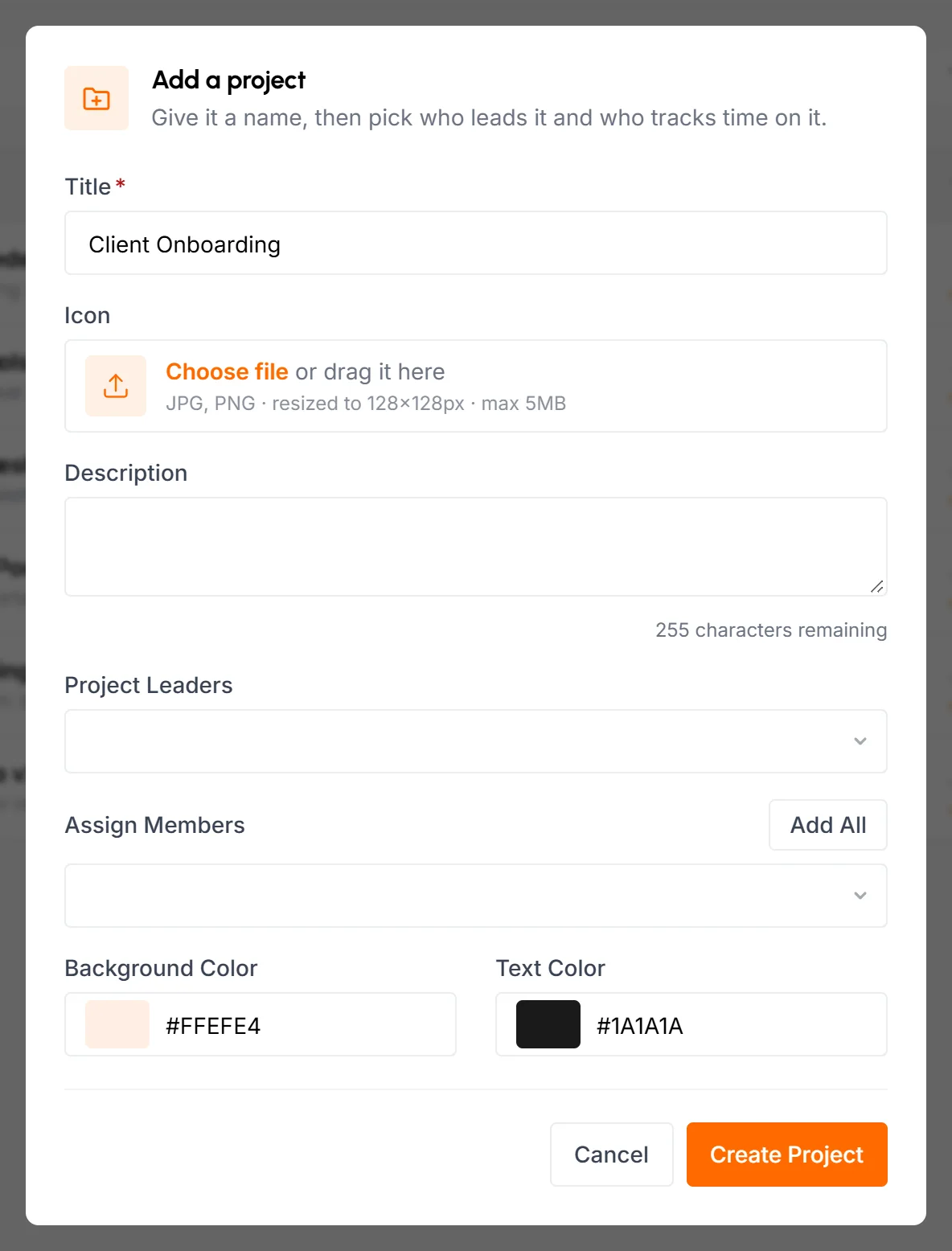 Add a project popup with Title, Icon, Description, Project Leaders, Assign Members and color fields
