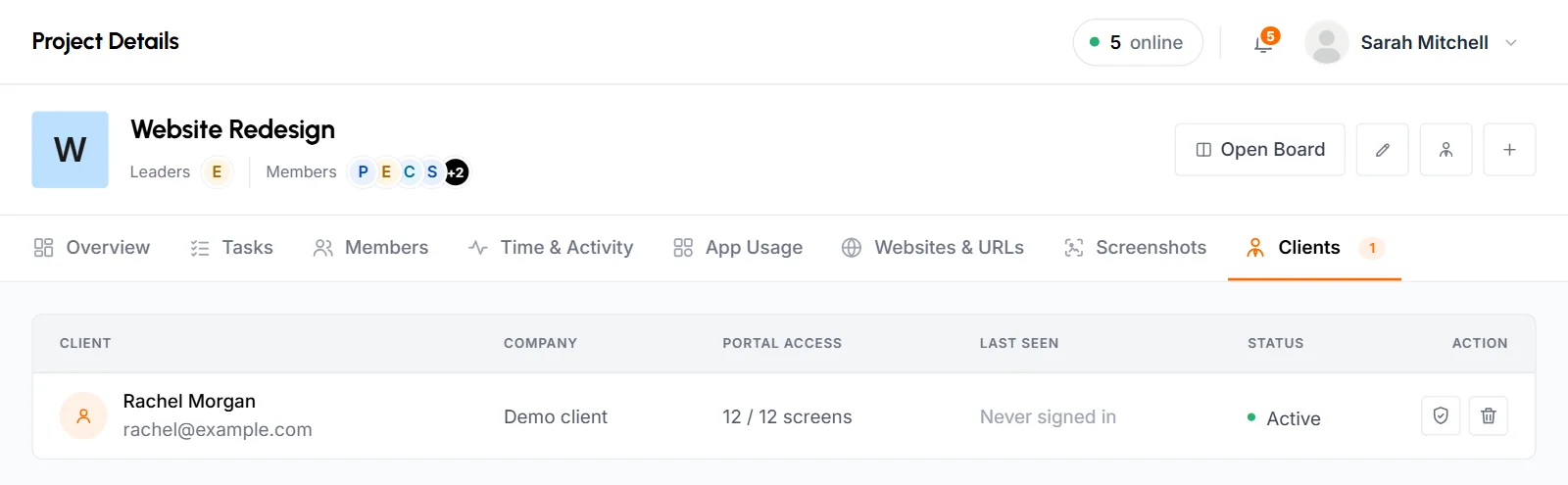 Clients tab of the Website Redesign project listing one client with company, portal access, last seen and status