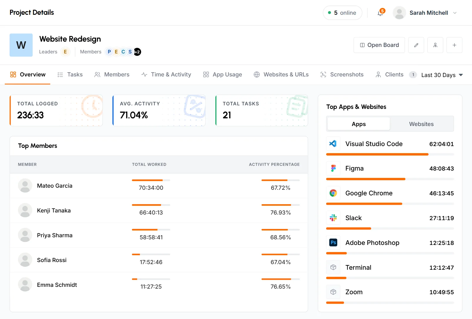 Project details page for Website Redesign on the Overview tab, with the header buttons, tabs and Top Members