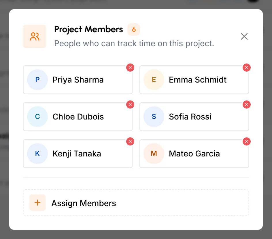Project Members list showing six members, each with a remove button, and an Assign Members button