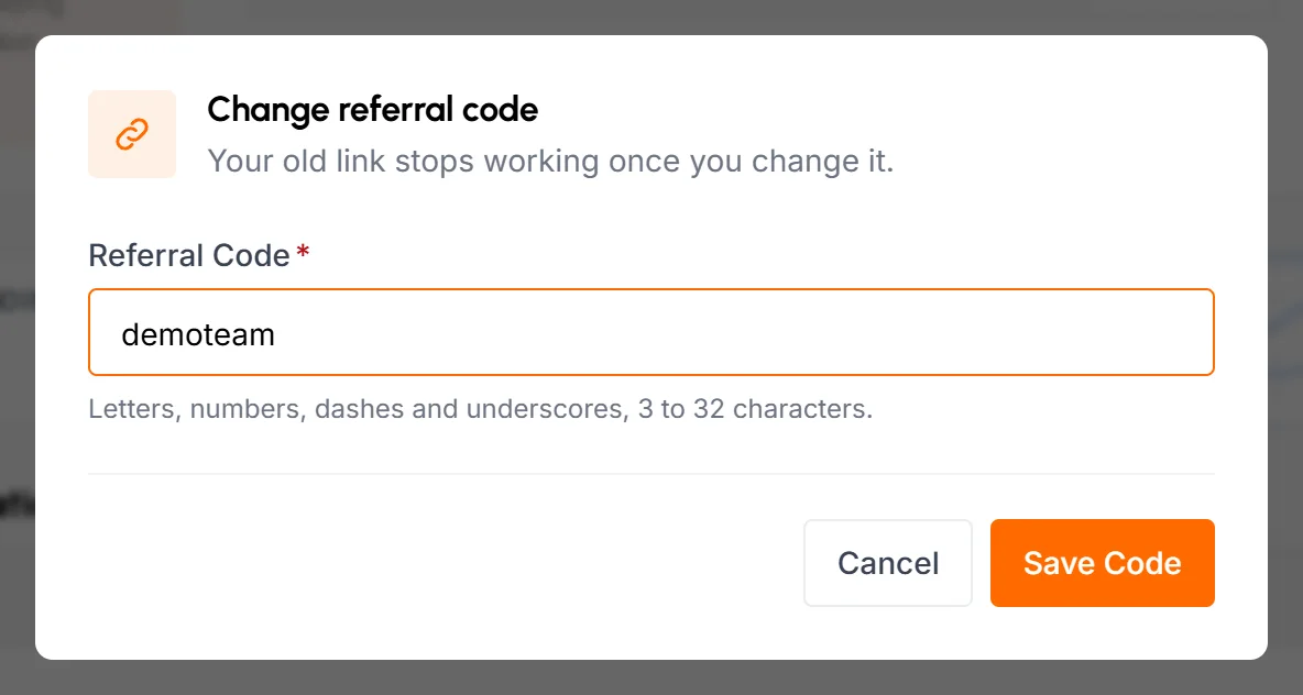 Change referral code popup with the Referral Code field and a Save Code button