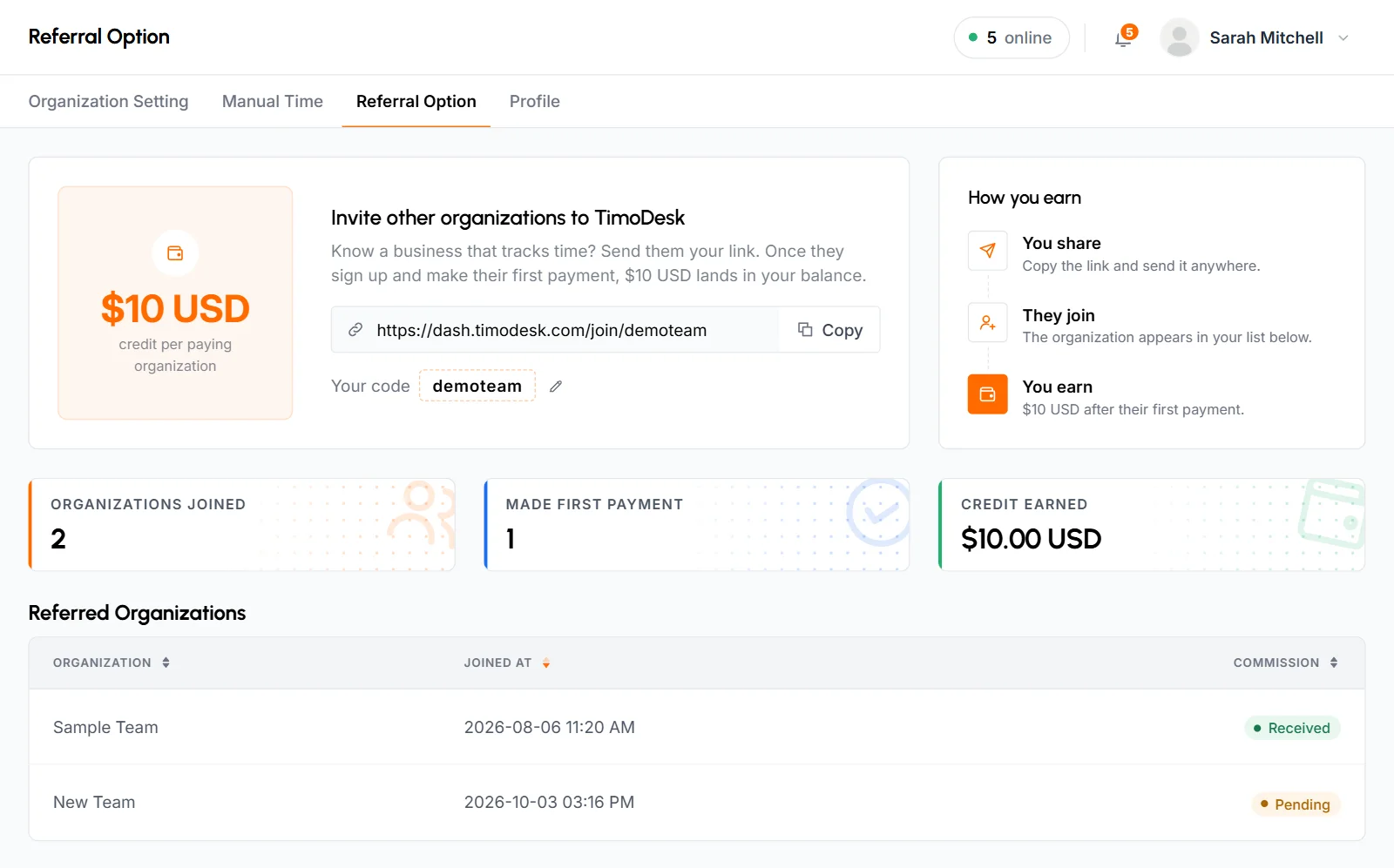 Referral Option tab with the referral link and code card, How you earn steps, referral stats and the Referred Organizations list
