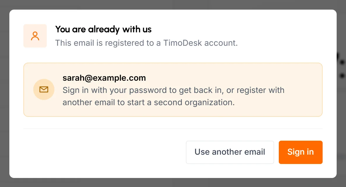 You are already with us popup for a registered email, with Use another email and Sign in buttons