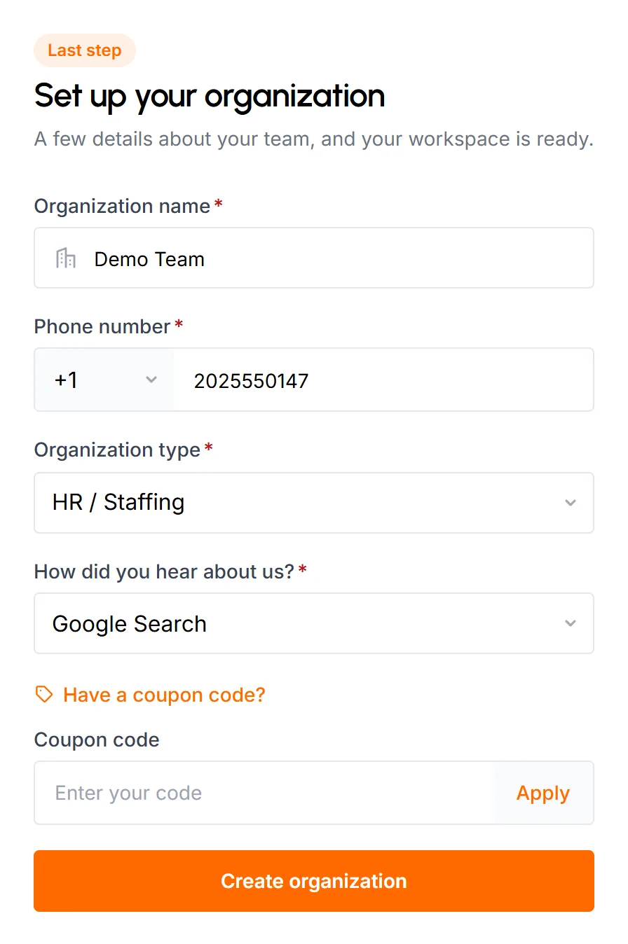 Set up your organization form filled in, with phone number, organization type, how you heard about us and the coupon field