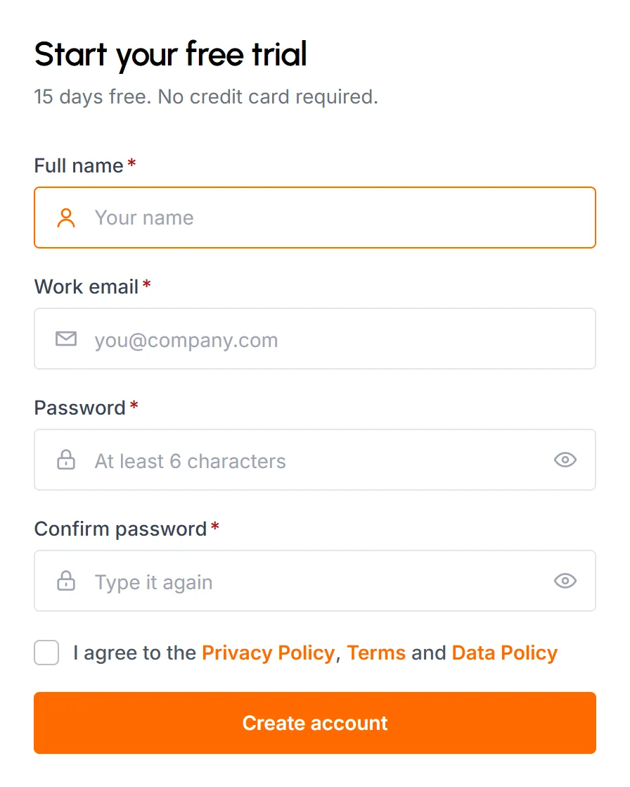 Start your free trial form with Full name, Work email, Password and Confirm password fields and a Create account button