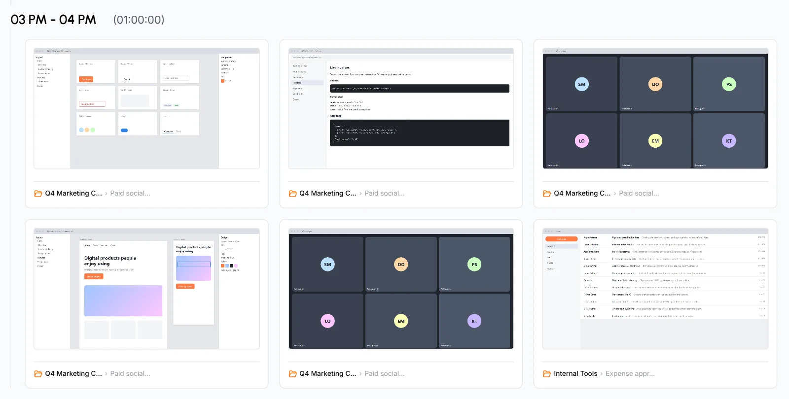 All Screenshots mode showing one hour with 6 screenshot cards, each labeled with its project and task