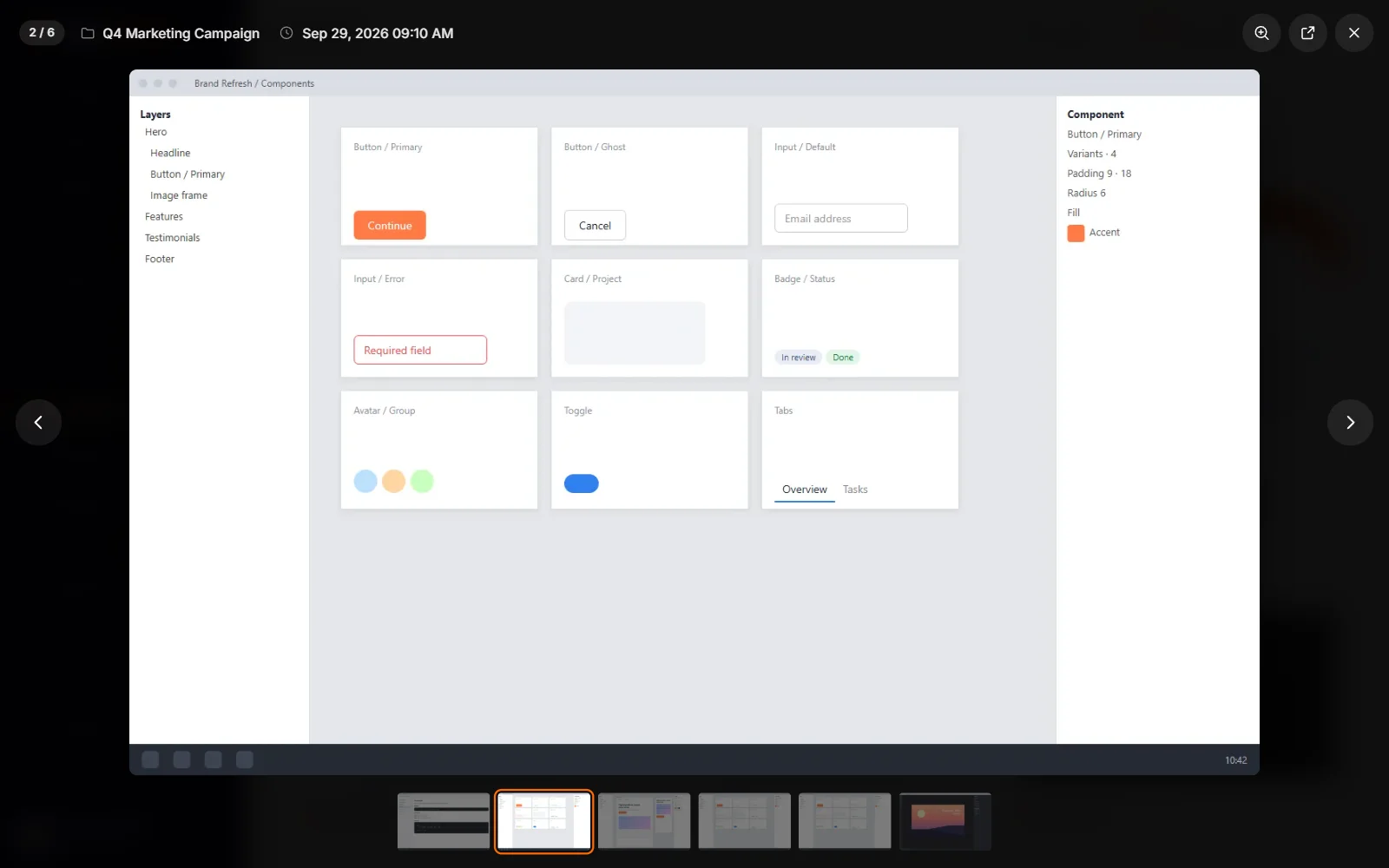 Full-size screenshot viewer showing 2 of 6, the project and capture time, zoom and open buttons, and a thumbnail strip