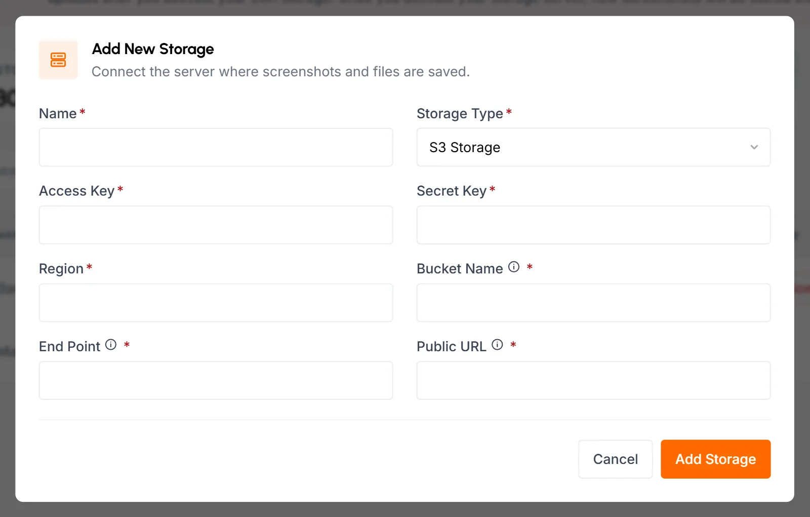 Add New Storage popup with S3 Storage selected and the Name, Access Key, Secret Key, Region, Bucket Name, End Point and Public URL fields