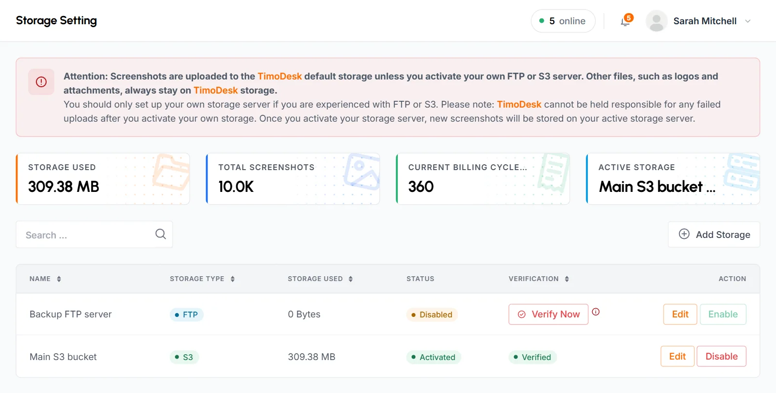 Storage Setting page with the usage widgets and a list holding an active S3 bucket and an unverified FTP server
