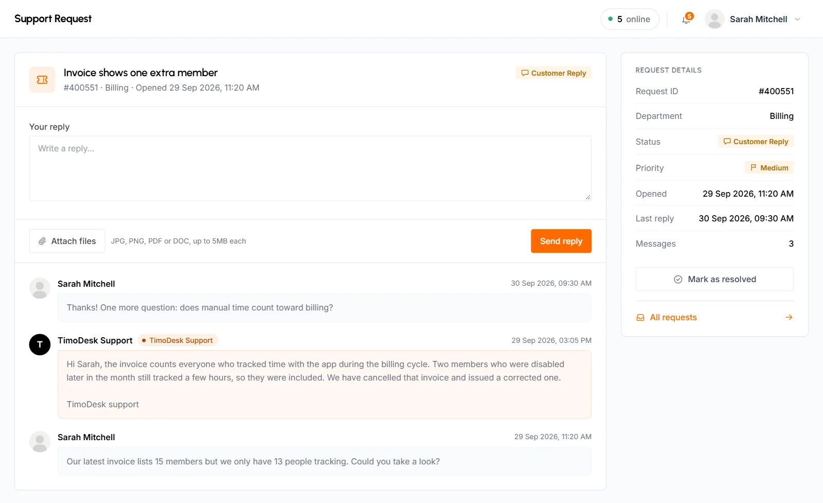 A billing support request with the reply box, a conversation with TimoDesk Support and the Request details panel