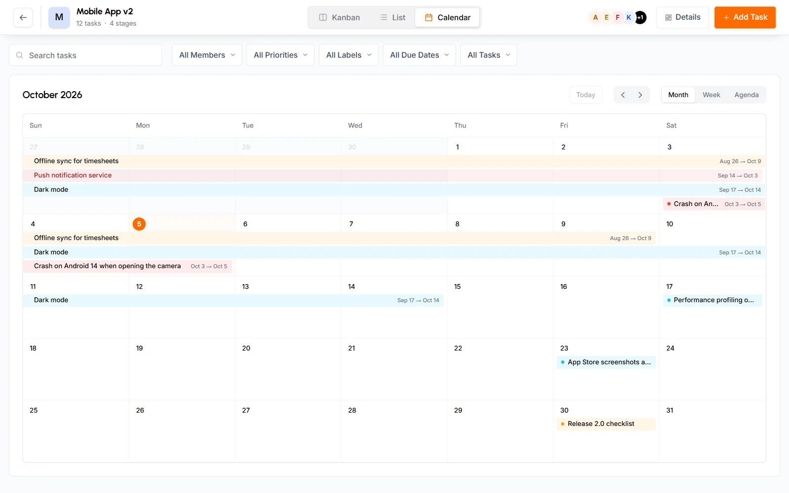 Calendar view in Month mode showing tasks spread across their start and due dates in October