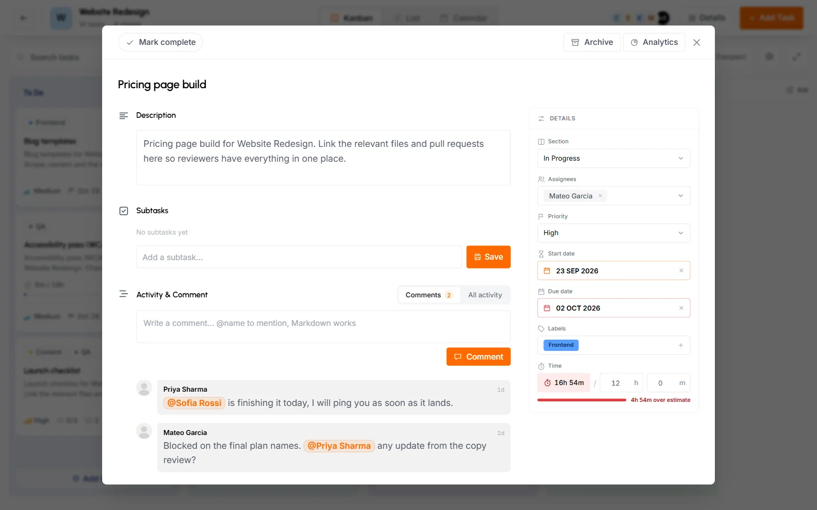 Task details open on top of the board, with Mark complete, Archive and Analytics at the top and comments below