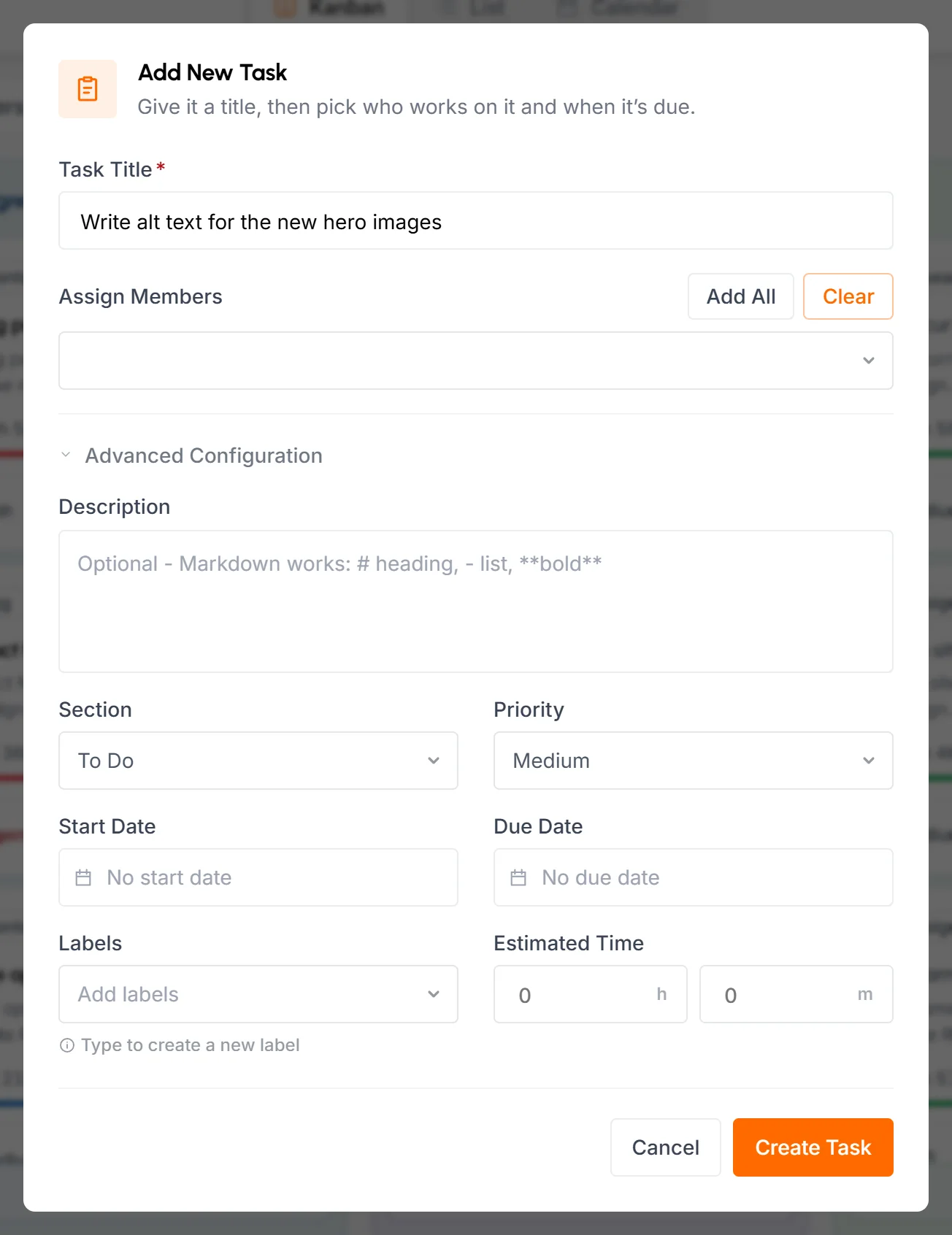 Add New Task form with Task Title, Assign Members and the Advanced Configuration fields opened