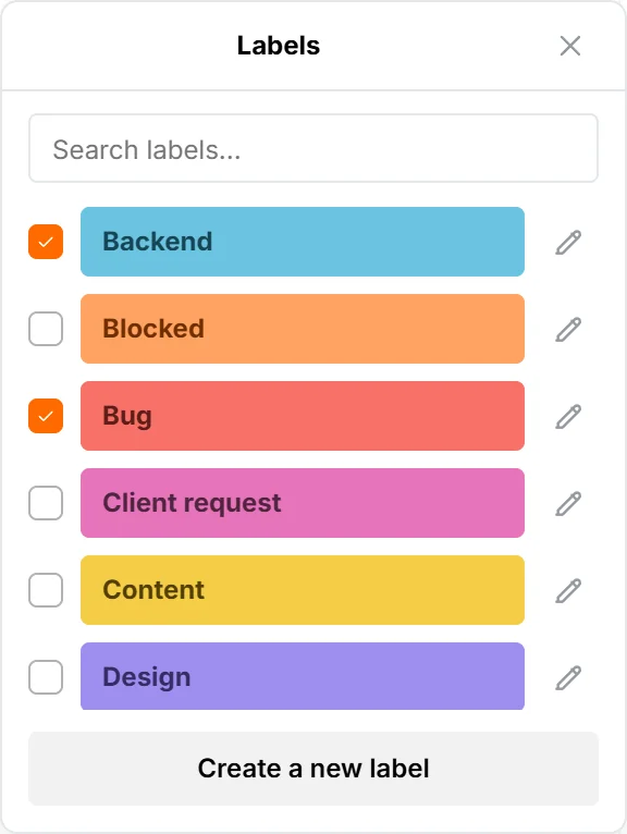 Labels picker with a search box, Backend and Bug checked, an edit pencil per label and Create a new label