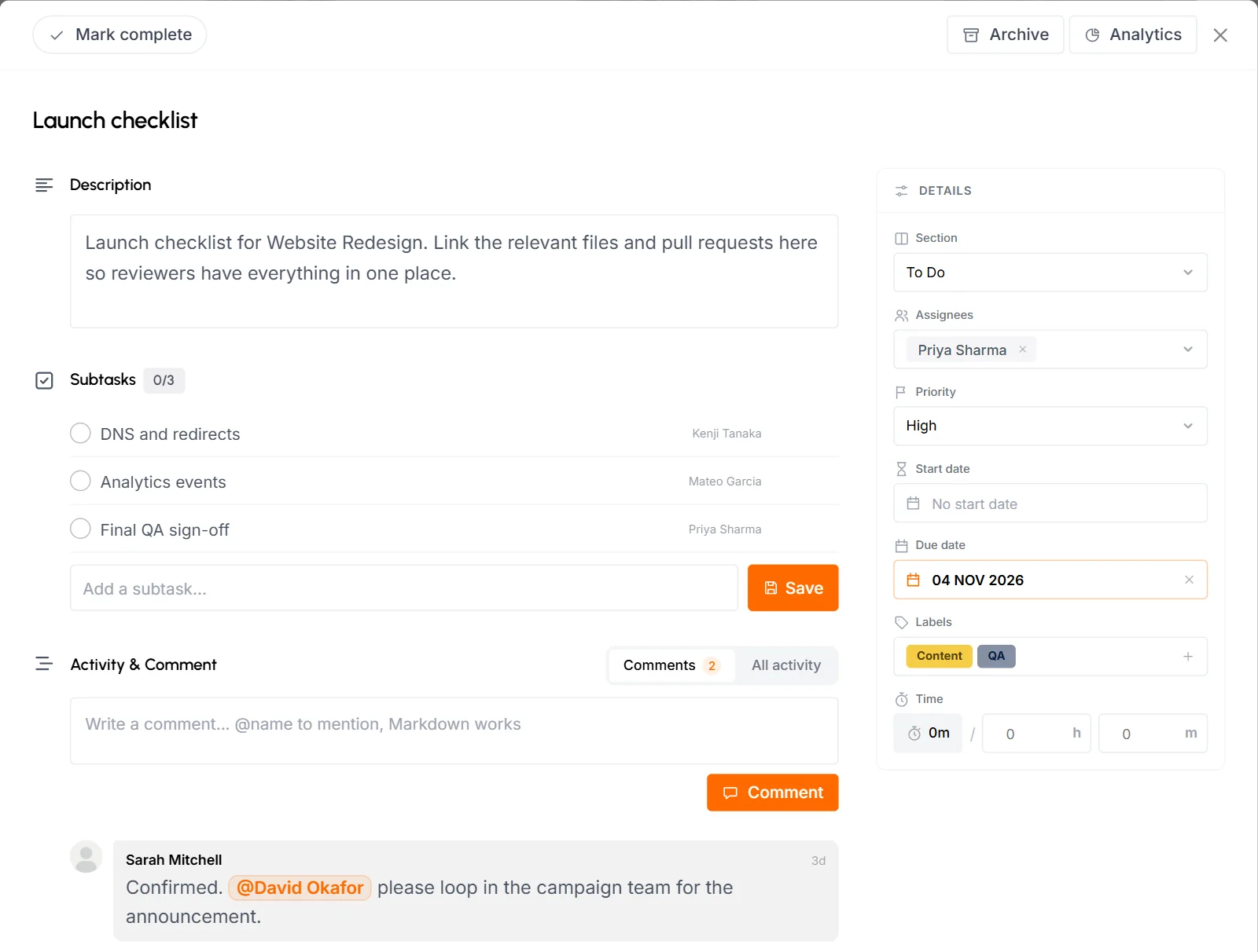 Task details for Launch checklist with three subtasks, Content and QA labels and two comments