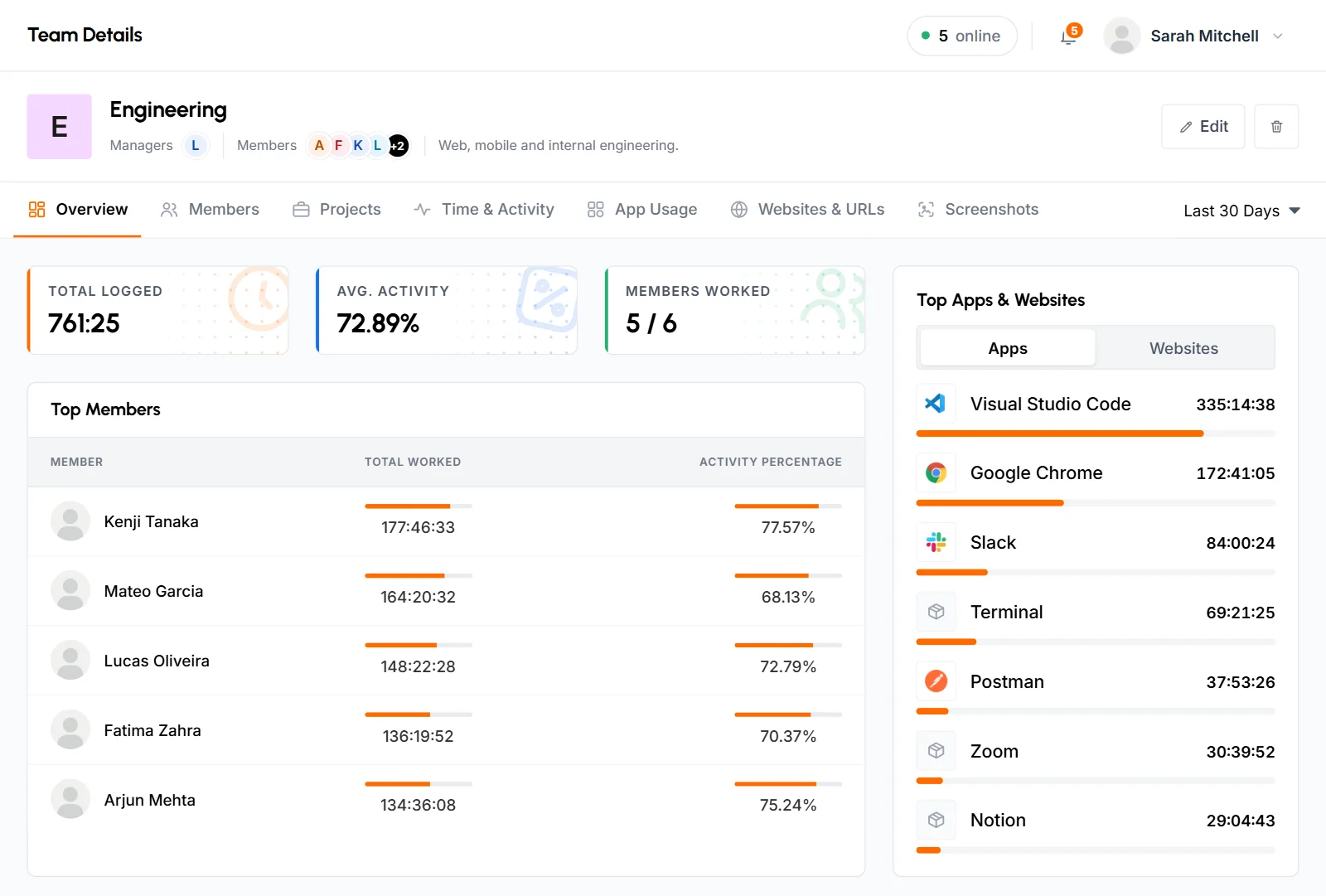 Team details page for Engineering on the Overview tab, with Total Logged, Members Worked and Top Members