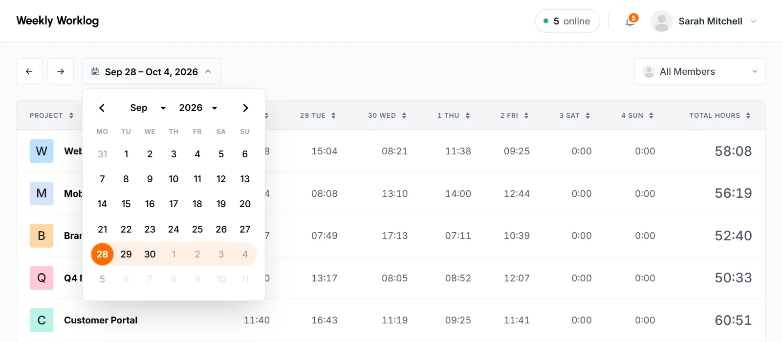 Week picker calendar open below the week dates, with the selected week from Sep 28 to Oct 4 highlighted